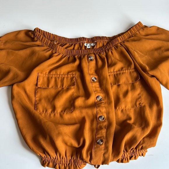 Orange Puff Sleeve Crop Blouse with Tie Front - Picture 5 of 5